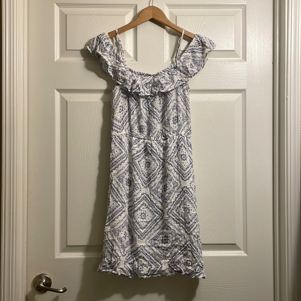 White/Blue Western Off-The-Shoulder Dress with Adjustable Straps Size M